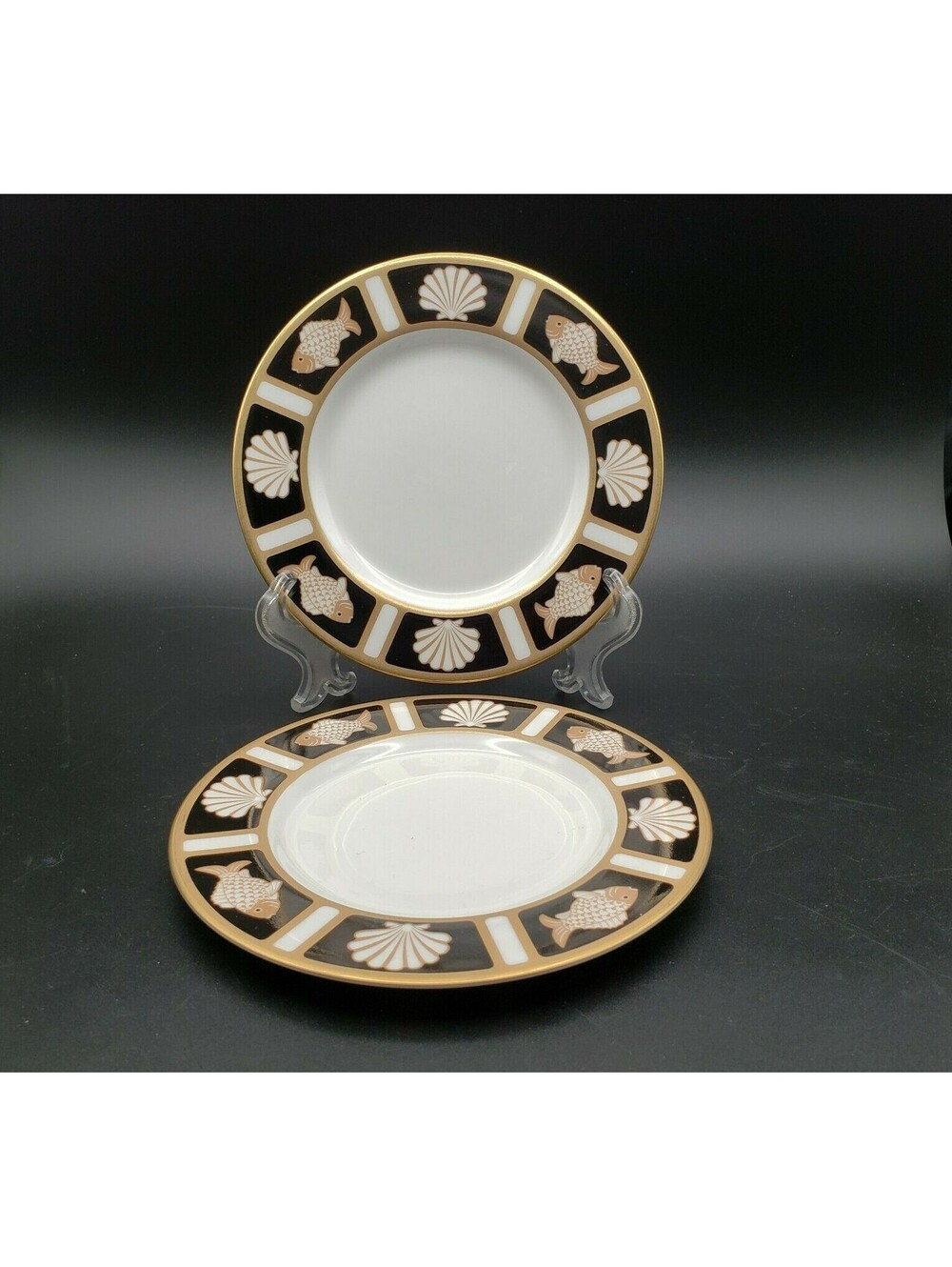 Mikasa Fish & Shell Bread & Butter Plates QTY 2 Cathy Hardwick Onyx Black Gold